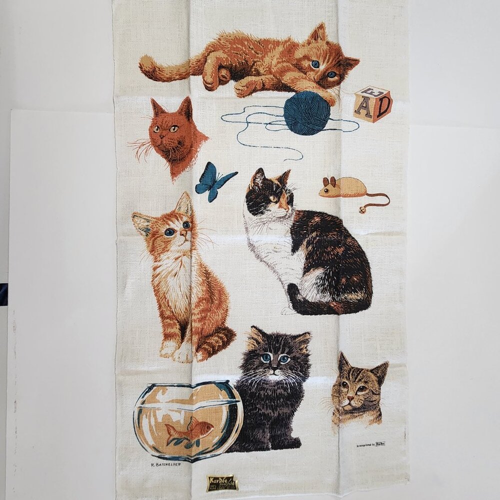 Vintage Kay Dee Designs Pure Linen Kitchen Tea Towel With Kittens NWT